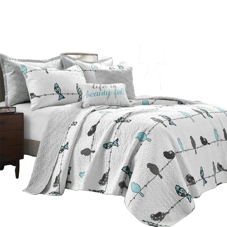 Full/Queen Blue Grey Birds On Wire Lightweight 7 PCS Quilt Set Photo 1