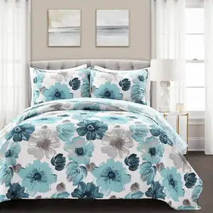 Photo of Full/Queen Blue Grey Flowers Lightweight Polyester Microfiber Quilt Set