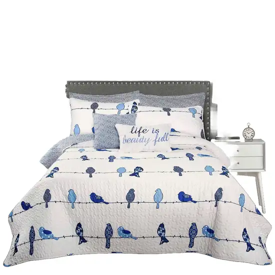 Full/Queen Blue White Birds On Wire Lightweight 7 PCS Quilt Set Photo 1