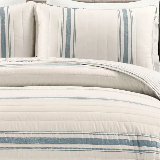 Full/Queen Blue White 3 Piece Stripe Reversible Cotton Quilt Set Photo 3