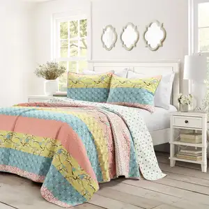 Photo of Full/Queen Blue Yellow Pink Boho Reversible Lightweight Quilt Set