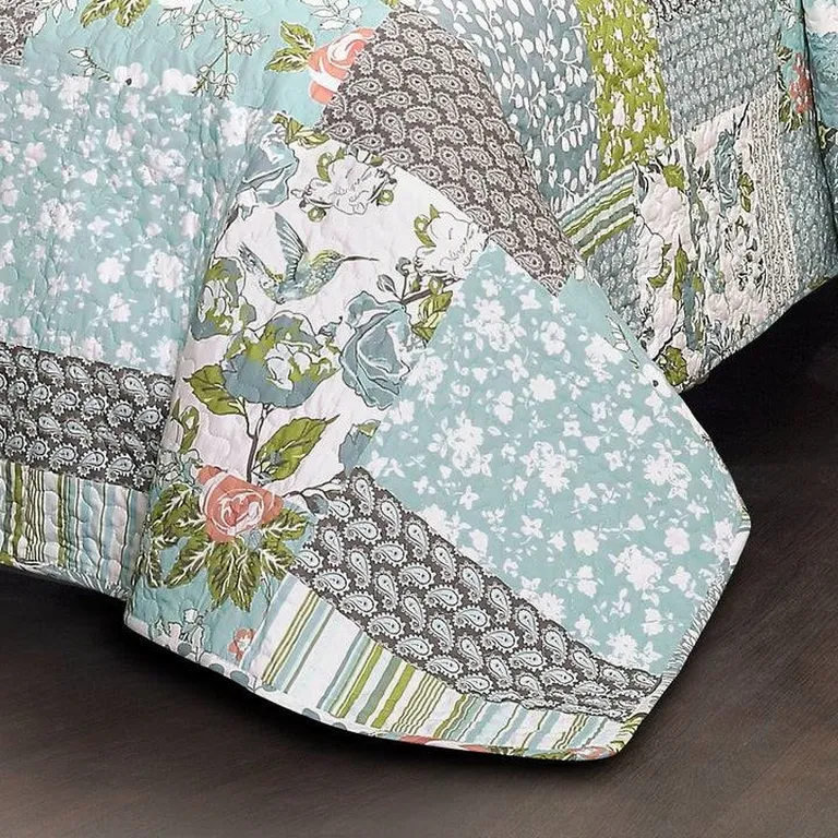 Full/Queen Boho Floral Blue Cotton Lightweight Quilt Set Photo 2