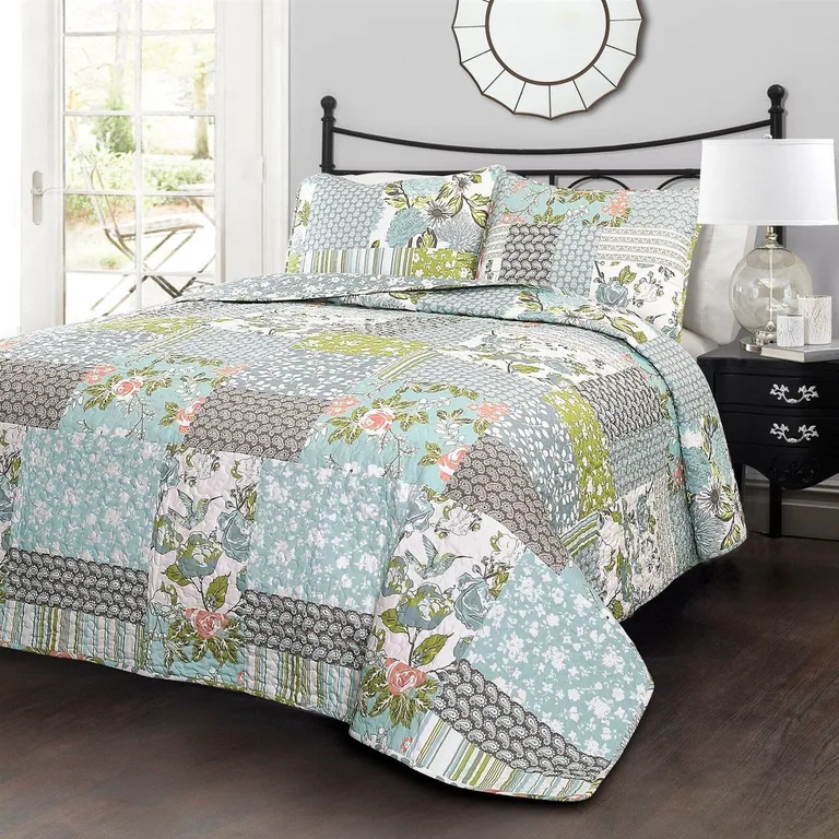 Full/Queen Boho Floral Blue Cotton Lightweight Quilt Set Photo 1