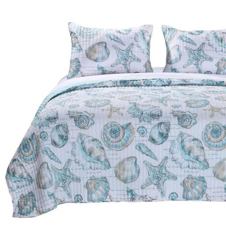 Full / Queen Coastal Seashells White Teal 3 Piece Polyester Reversible Quilt Set Photo 1