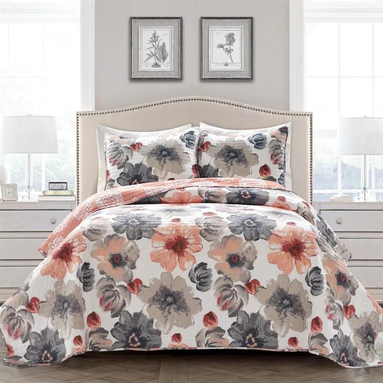 Full/Queen Coral Grey Flowers Lightweight Polyester Microfiber Quilt Set Photo 2