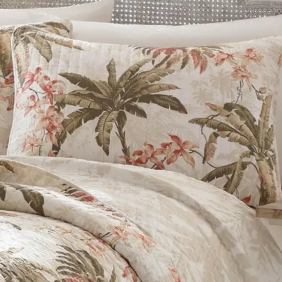 Full / Queen Cotton Coastal Palm Tree Floral 3 Piece Reversible Quilt Set Photo 2