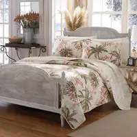 Photo of Full / Queen Cotton Coastal Palm Tree Floral 3 Piece Reversible Quilt Set