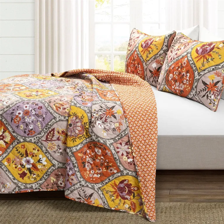 Full/Queen Cotton Floral Lightweight Orange Blue 3 PCS Quilt Set Photo 2