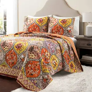 Photo of Full/Queen Cotton Floral Lightweight Orange Blue 3 PCS Quilt Set