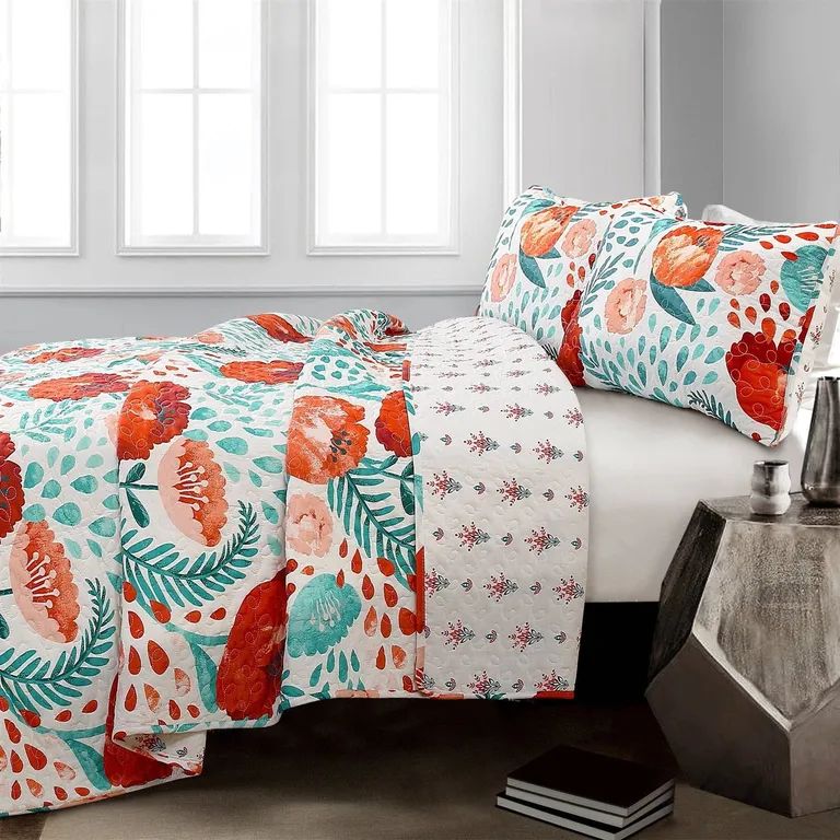 Full/Queen Cotton Flower Poppy Lightweight 3 PCS Quilt Set Photo 2