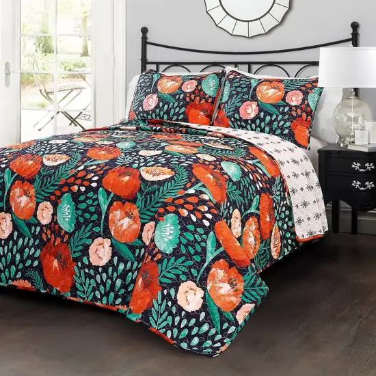 Full/Queen Cotton Flower Poppy Navy Lightweight 3 PCS Quilt Set Photo 1