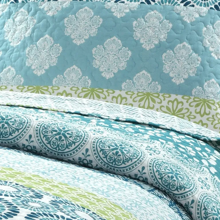 Full/Queen Cotton 3 Piece Reversible Blue White Green Floral Damask Quilt Set Photo 5