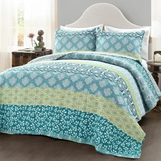 Full/Queen Cotton 3 Piece Reversible Blue White Green Floral Damask Quilt Set Photo 1