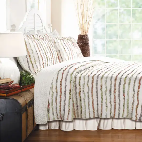 Full / Queen 100% Cotton Quilt Set Ruffled Multi-color Stripes Photo 1