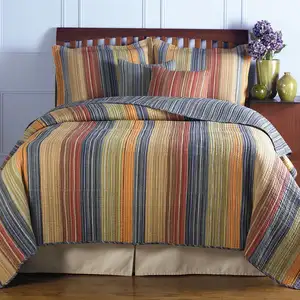 Photo of Full / Queen 100% Cotton Quilt Set with Red Orange Blue Brown Stripes