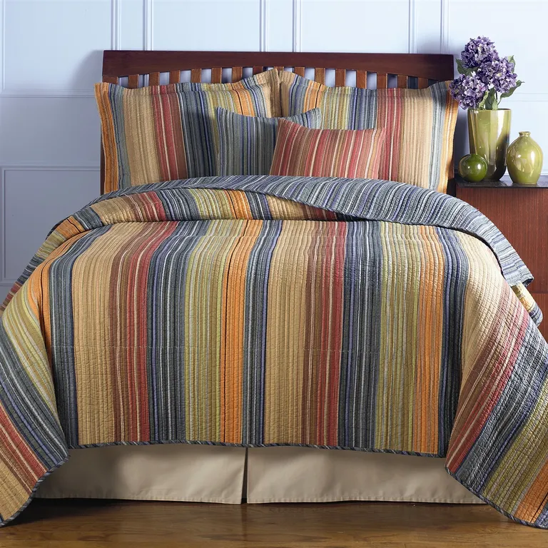 Full / Queen 100% Cotton Quilt Set with Red Orange Blue Brown Stripes Photo 1