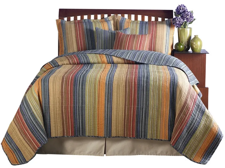 Full / Queen 100% Cotton Quilt Set with Red Orange Blue Brown Stripes Photo 2