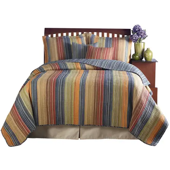 Full / Queen 100% Cotton Quilt Set with Red Orange Blue Brown Stripes Photo 2