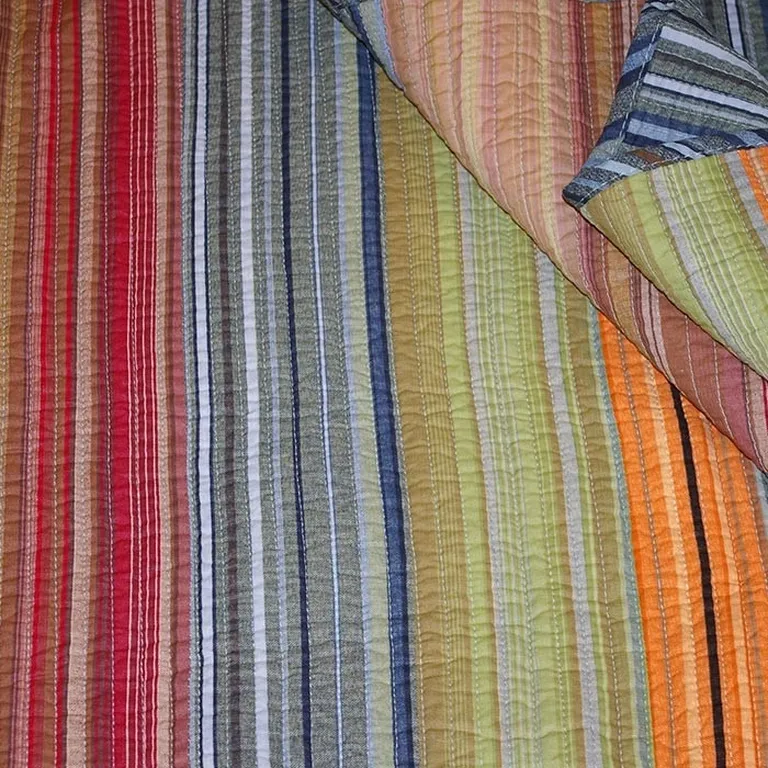 Full / Queen 100% Cotton Quilt Set with Red Orange Blue Brown Stripes Photo 3