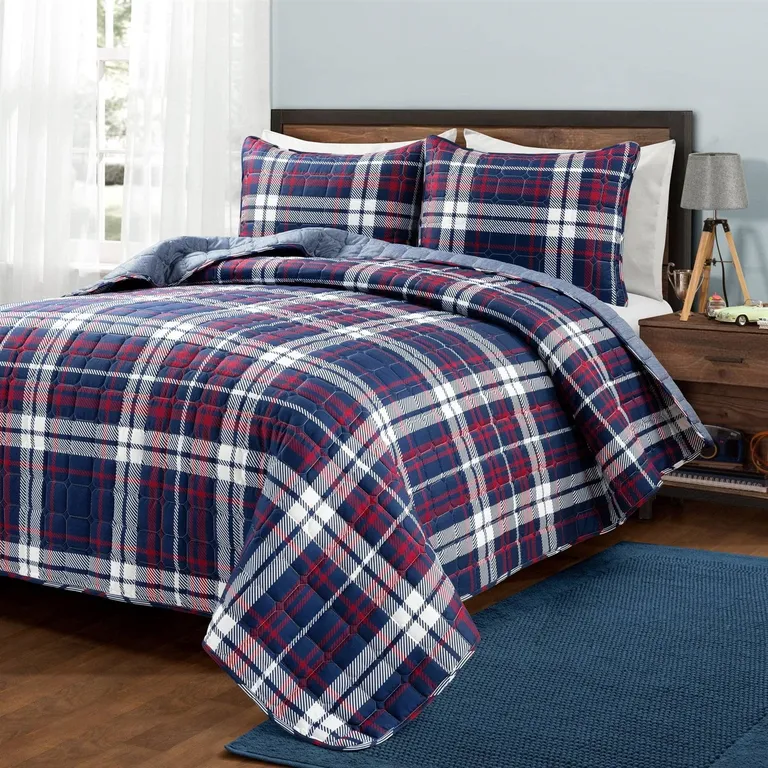 Full/Queen Farmhouse Plaid 3 Piece Lightweight Reversible Quilt Set Photo 1