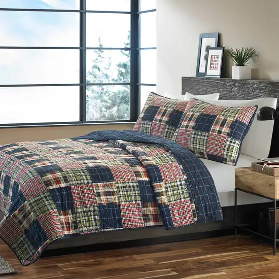 Full / Queen Farmhouse Red Navy Plaid 100-Percent Cotton Reversible Quilt Set Photo 1