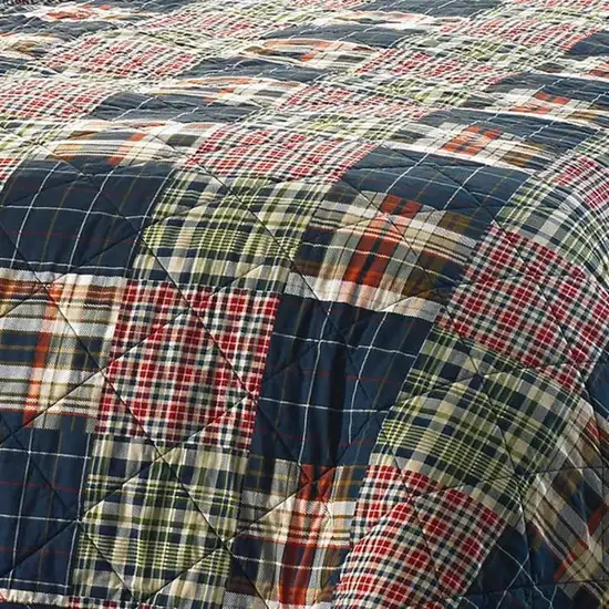 Full / Queen Farmhouse Red Navy Plaid 100-Percent Cotton Reversible Quilt Set Photo 2