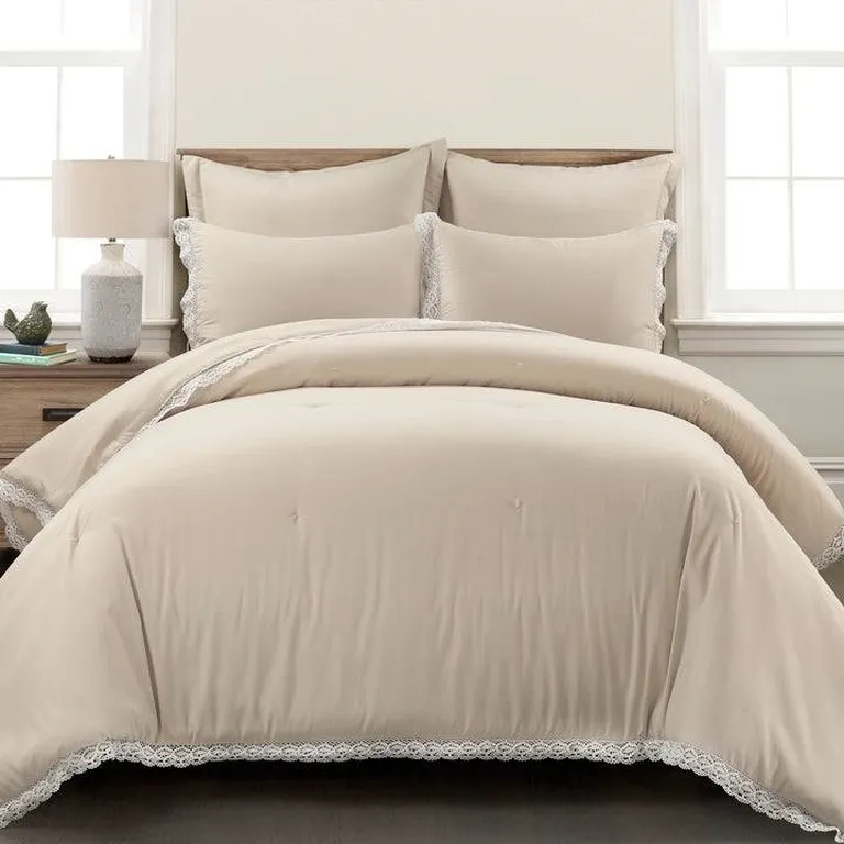 Full/Queen French Country Beige 5-Piece Lightweight Comforter Set w/ Lace Trim Photo 2