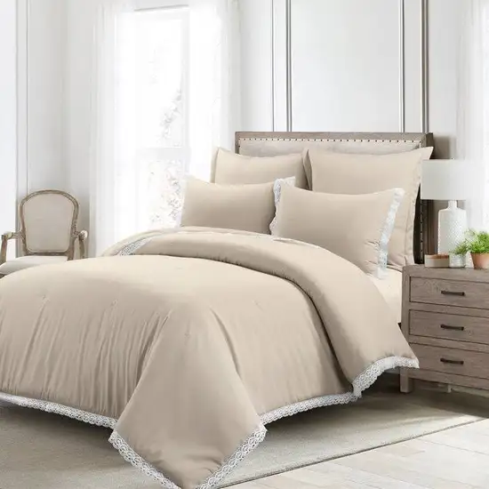 Full/Queen French Country Beige 5-Piece Lightweight Comforter Set w/ Lace Trim Photo 1