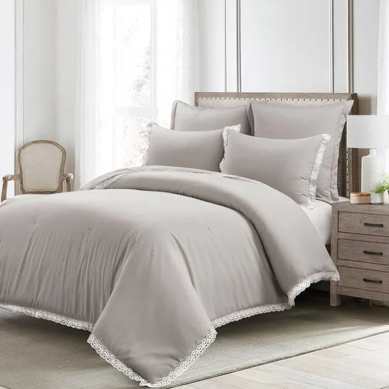 Full/Queen French Country Grey 5-Piece Lightweight Comforter Set w/ Lace Trim Photo 1