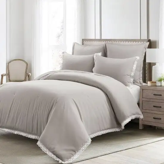 Full/Queen French Country Grey 5-Piece Lightweight Comforter Set w/ Lace Trim Photo 1