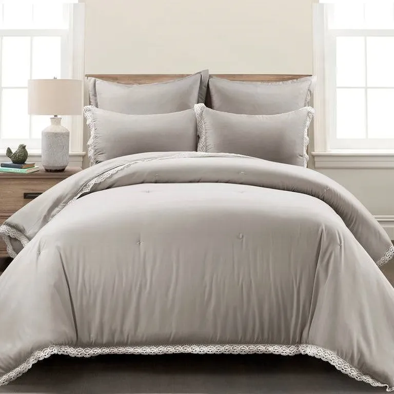 Full/Queen French Country Grey 5-Piece Lightweight Comforter Set w/ Lace Trim Photo 2