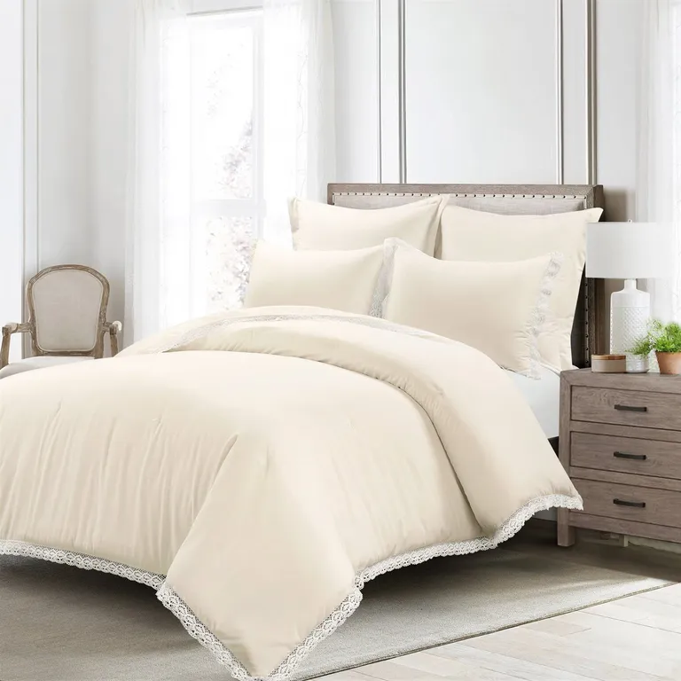 Full/Queen French Country Ivory 5-Piece Lightweight Comforter Set w/ Lace Trim Photo 1