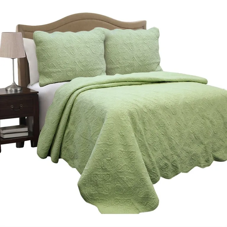 Full Queen Green Cotton Quilt Bedspread with Scalloped Borders Photo 1