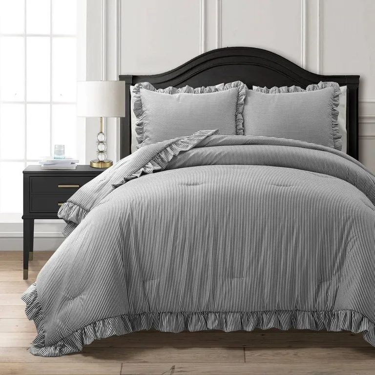 Full/Queen Grey White Stripe Ruffle Reversible 3 PCS Comforter Set Photo 1