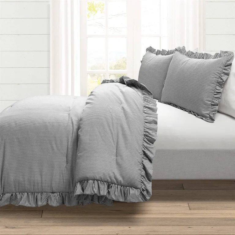 Full/Queen Grey White Stripe Ruffle Reversible 3 PCS Comforter Set Photo 2