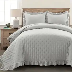 Photo of Full/Queen Lightweight Grey Ruffle Reversible Oversized 3 Piece Quilt Set