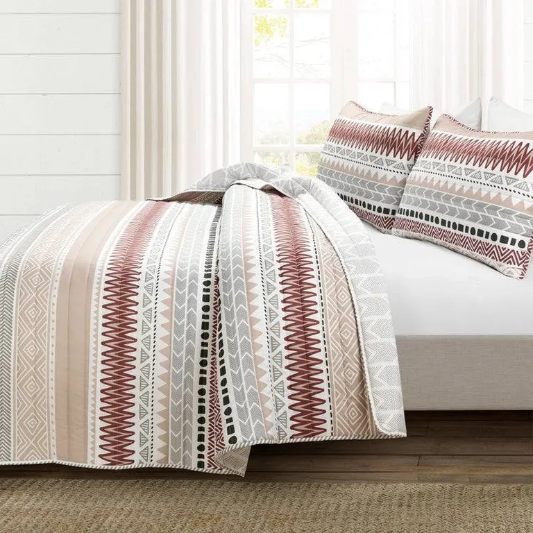 Full/Queen Lightweight Rustic Reds Stripe Reversible 3 Piece Quilt Set Photo 2