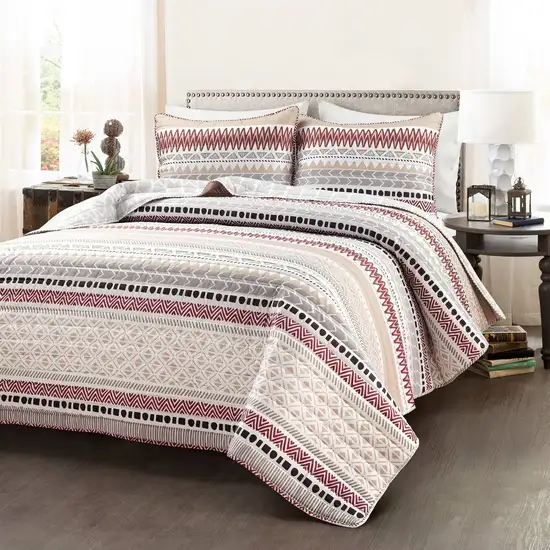 Full/Queen Lightweight Rustic Reds Stripe Reversible 3 Piece Quilt Set Photo 1