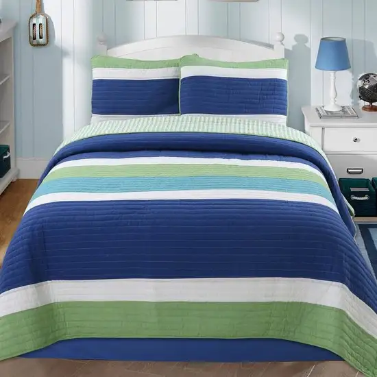 Full/Queen Navy Blue/Green/Teal/White Stripe 100-Percent Cotton Quilt Set Photo 1