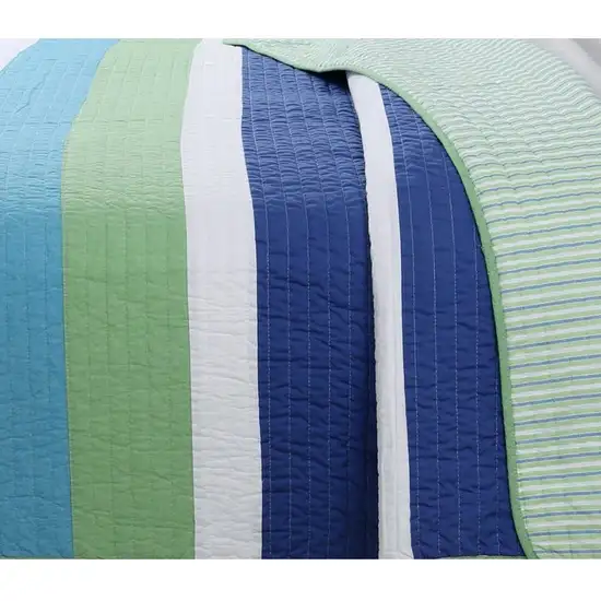 Full/Queen Navy Blue/Green/Teal/White Stripe 100-Percent Cotton Quilt Set Photo 3