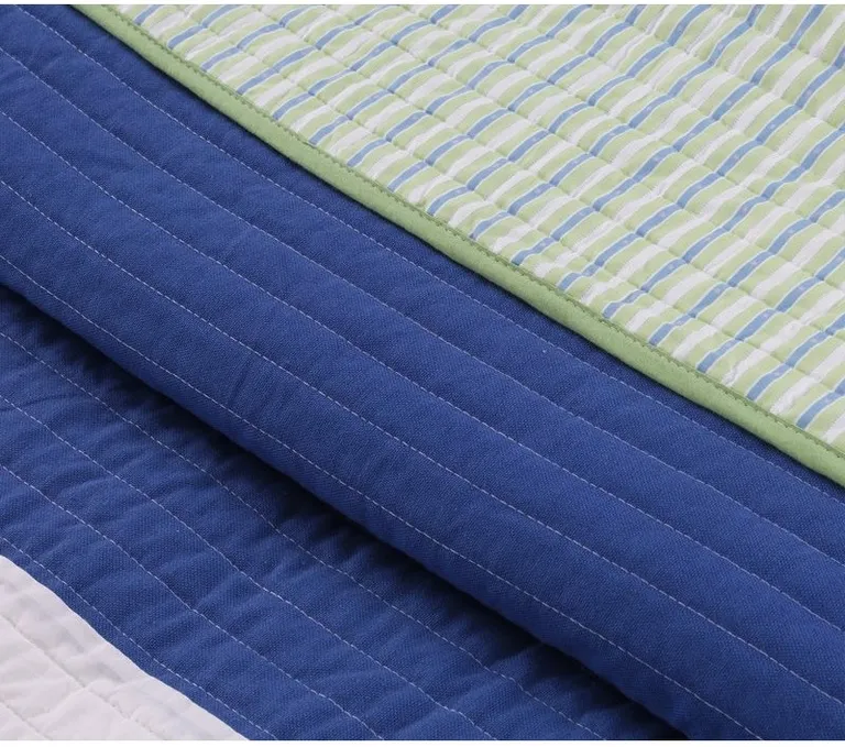 Full/Queen Navy Blue/Green/Teal/White Stripe 100-Percent Cotton Quilt Set Photo 4