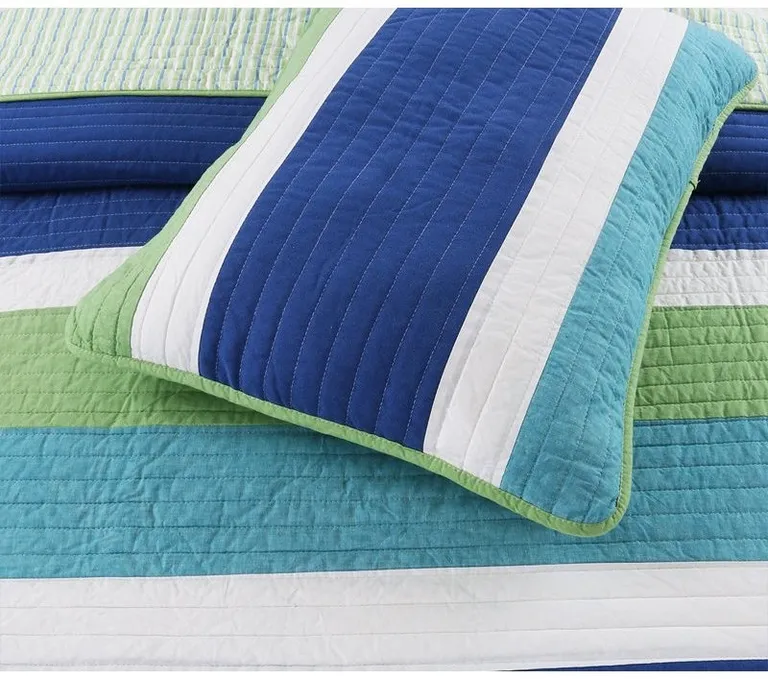 Full/Queen Navy Blue/Green/Teal/White Stripe 100-Percent Cotton Quilt Set Photo 2