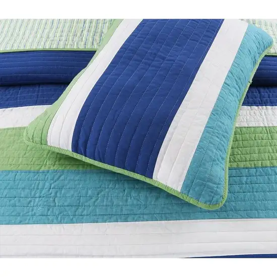 Full/Queen Navy Blue/Green/Teal/White Stripe 100-Percent Cotton Quilt Set Photo 2