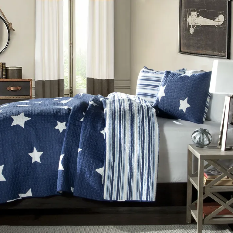 Full / Queen Navy Stars And Stripes At Night Quilt Coverlet Bedspread Set Photo 1