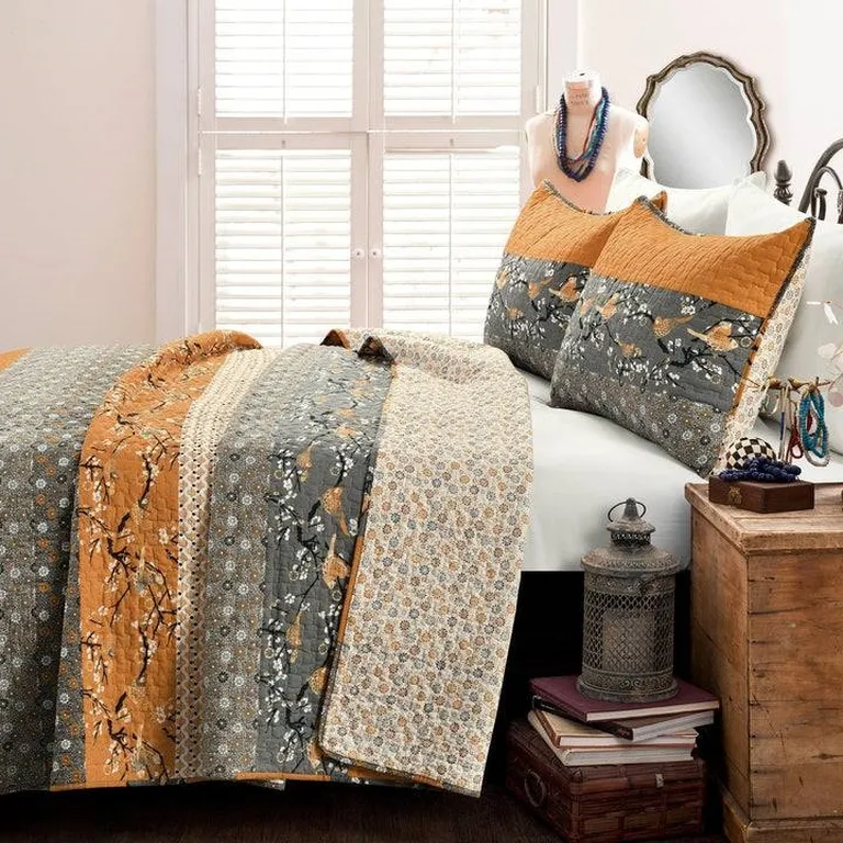 Full/Queen Orange Grey Boho Reversible Lightweight Quilt Set Photo 2