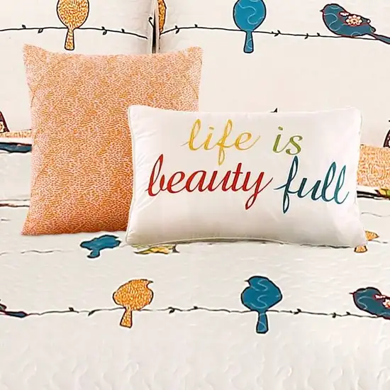 Full/Queen Orange White Birds On Wire Lightweight 7 PCS Quilt Set Photo 5