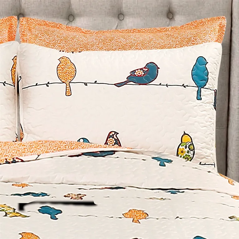 Full/Queen Orange White Birds On Wire Lightweight 7 PCS Quilt Set Photo 5