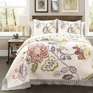 Photo of Full/Queen 3 PCS Floral Geo 100% Cotton White Navy Quilt Set