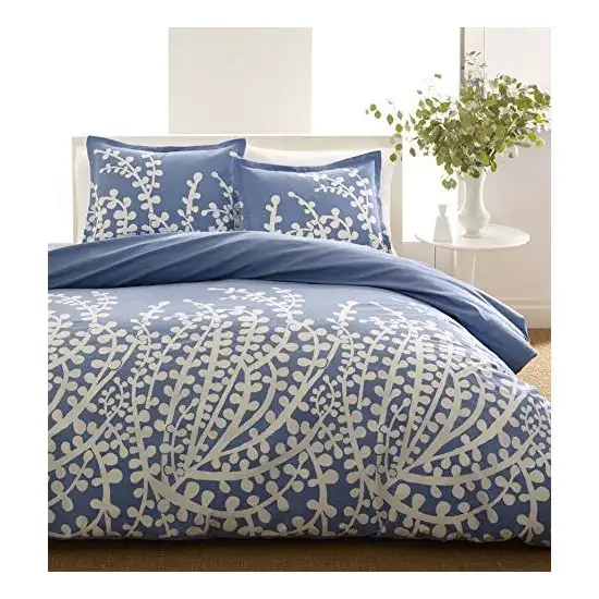 Full / Queen 100-Percent Cotton 3-Piece Comforter Set with Blue White Floral Branch Pattern Photo 1