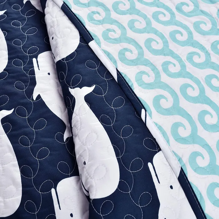 Full/Queen 5 Piece Bed In A Bag Navy Teal Microfiber Waves Whales Quilt Set Photo 3